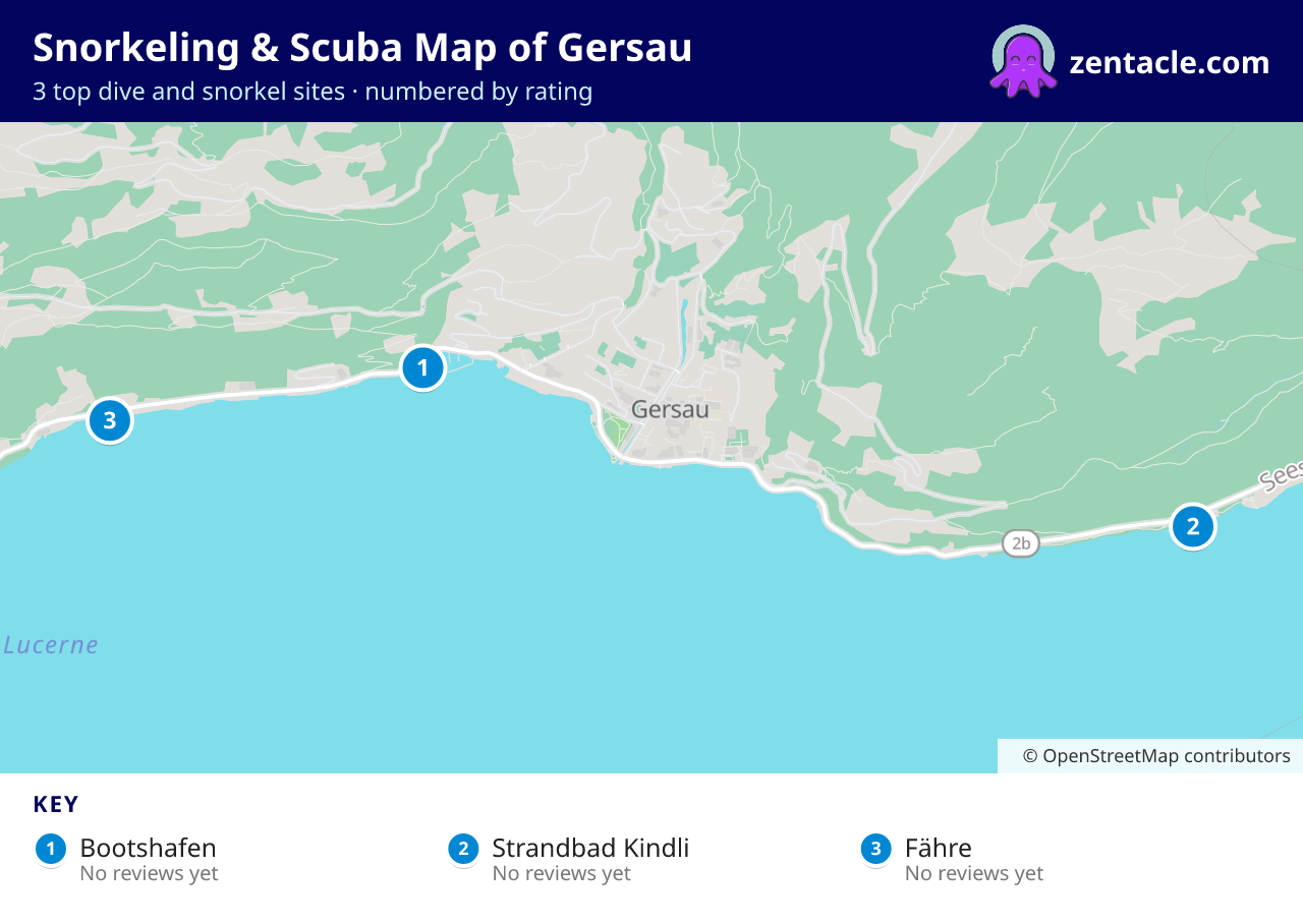 Snorkeling & Scuba Map of Gersau: numbered map of the top 3 dive and snorkel sites, with ratings