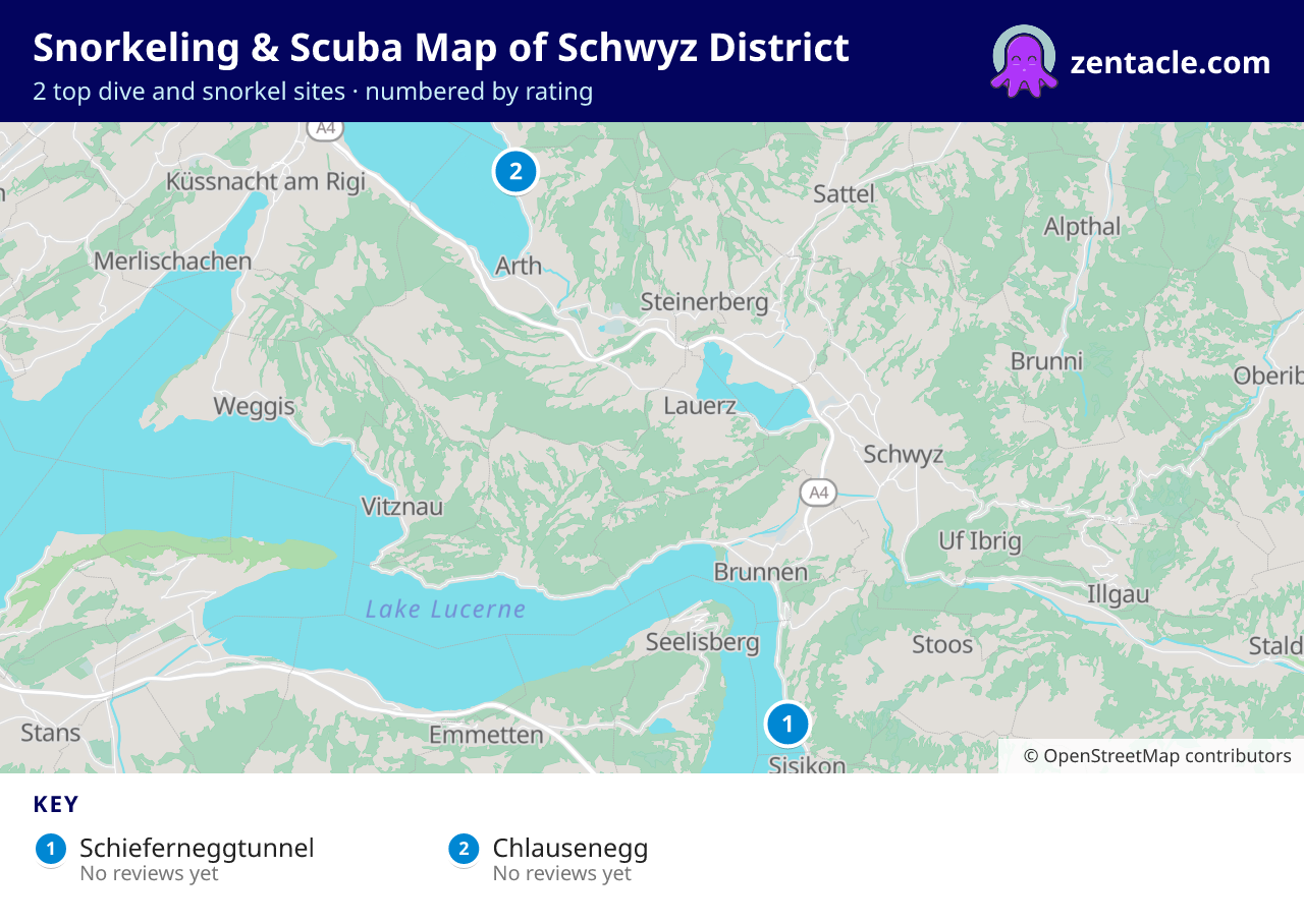 Snorkeling & Scuba Map of Schwyz District: numbered map of the top 2 dive and snorkel sites, with ratings