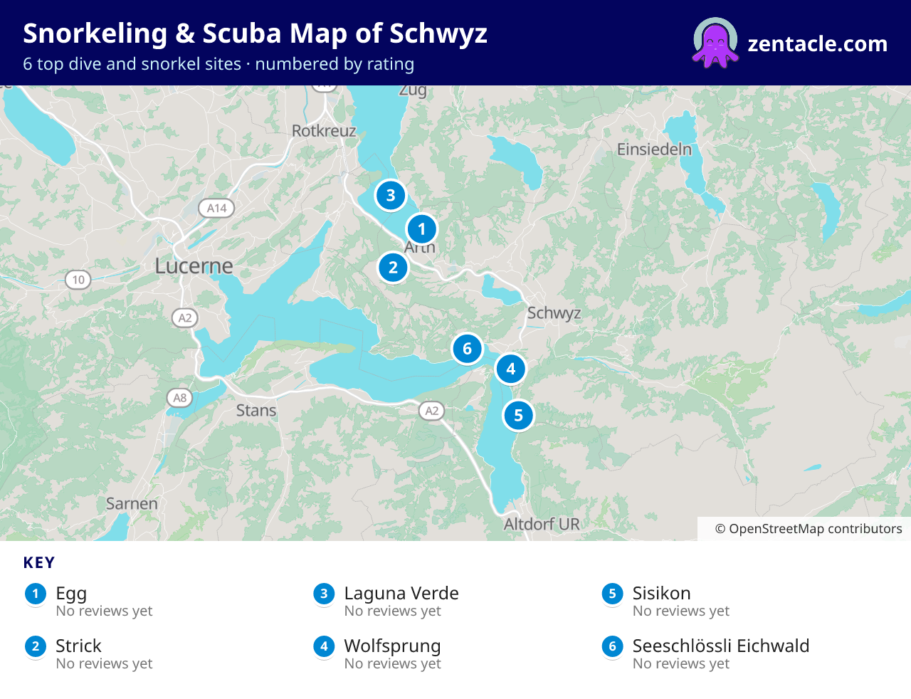 Snorkeling & Scuba Map of Schwyz: numbered map of the top 6 dive and snorkel sites, with ratings