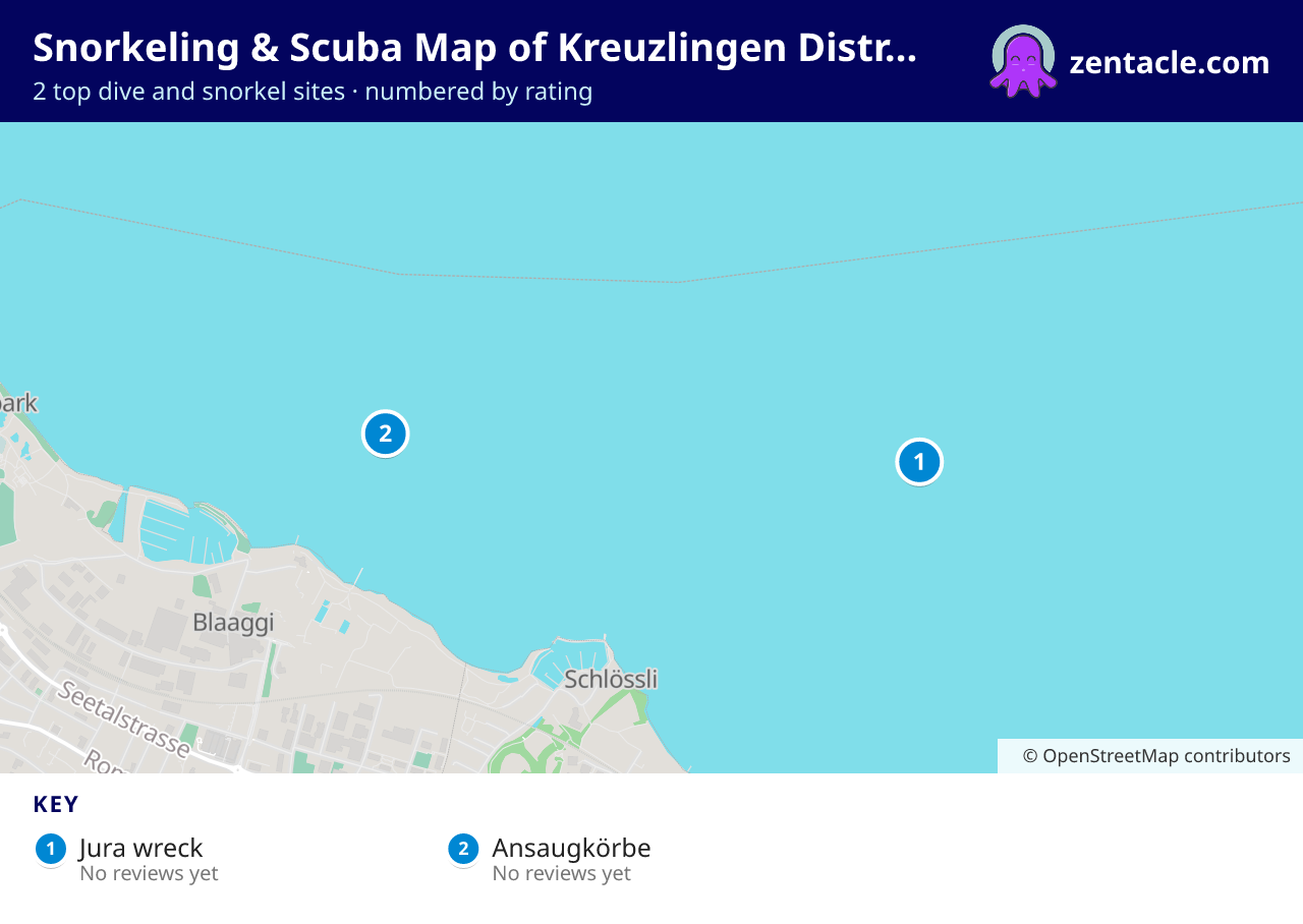 Snorkeling & Scuba Map of Kreuzlingen District: numbered map of the top 2 dive and snorkel sites, with ratings