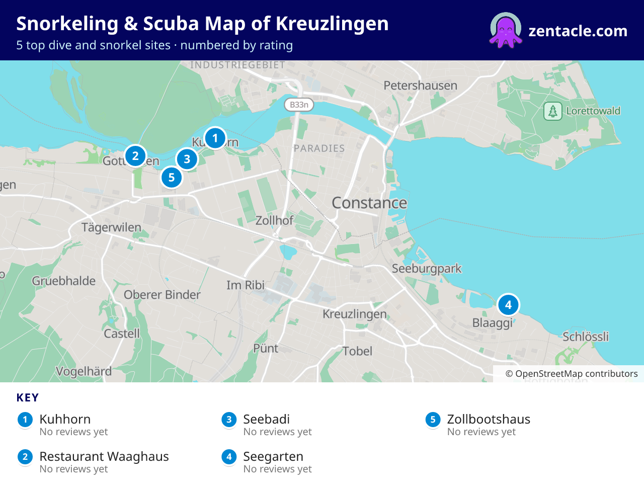 Snorkeling & Scuba Map of Kreuzlingen: numbered map of the top 5 dive and snorkel sites, with ratings