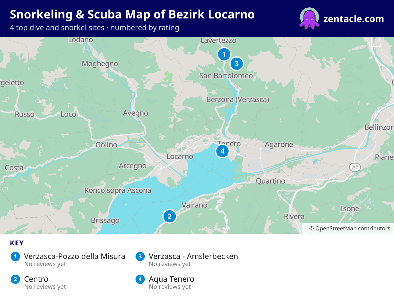 Snorkeling & Scuba Map of Bezirk Locarno: numbered map of the top 4 dive and snorkel sites, with ratings