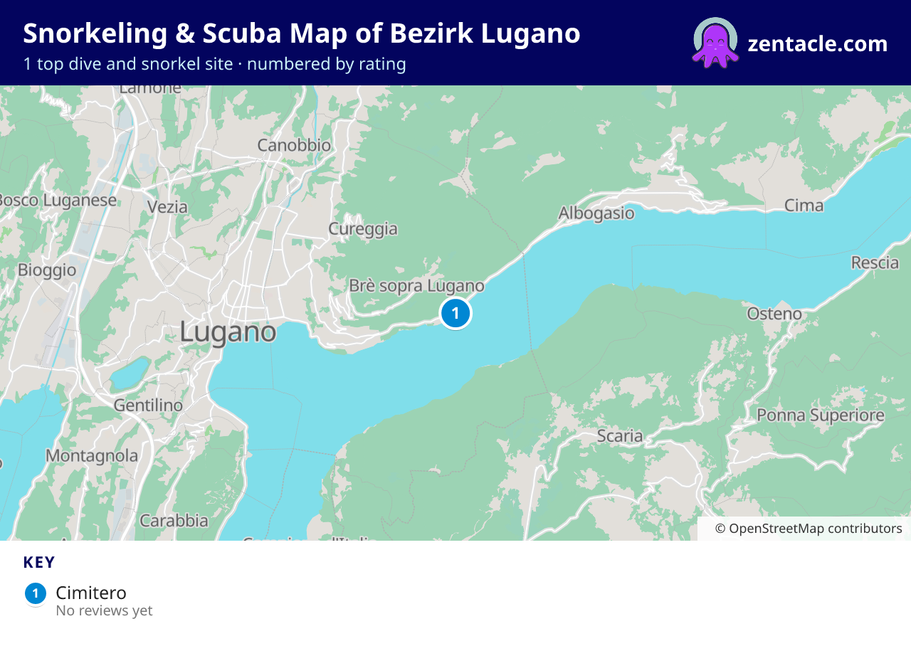Snorkeling & Scuba Map of Bezirk Lugano: numbered map of the top 1 dive and snorkel sites, with ratings