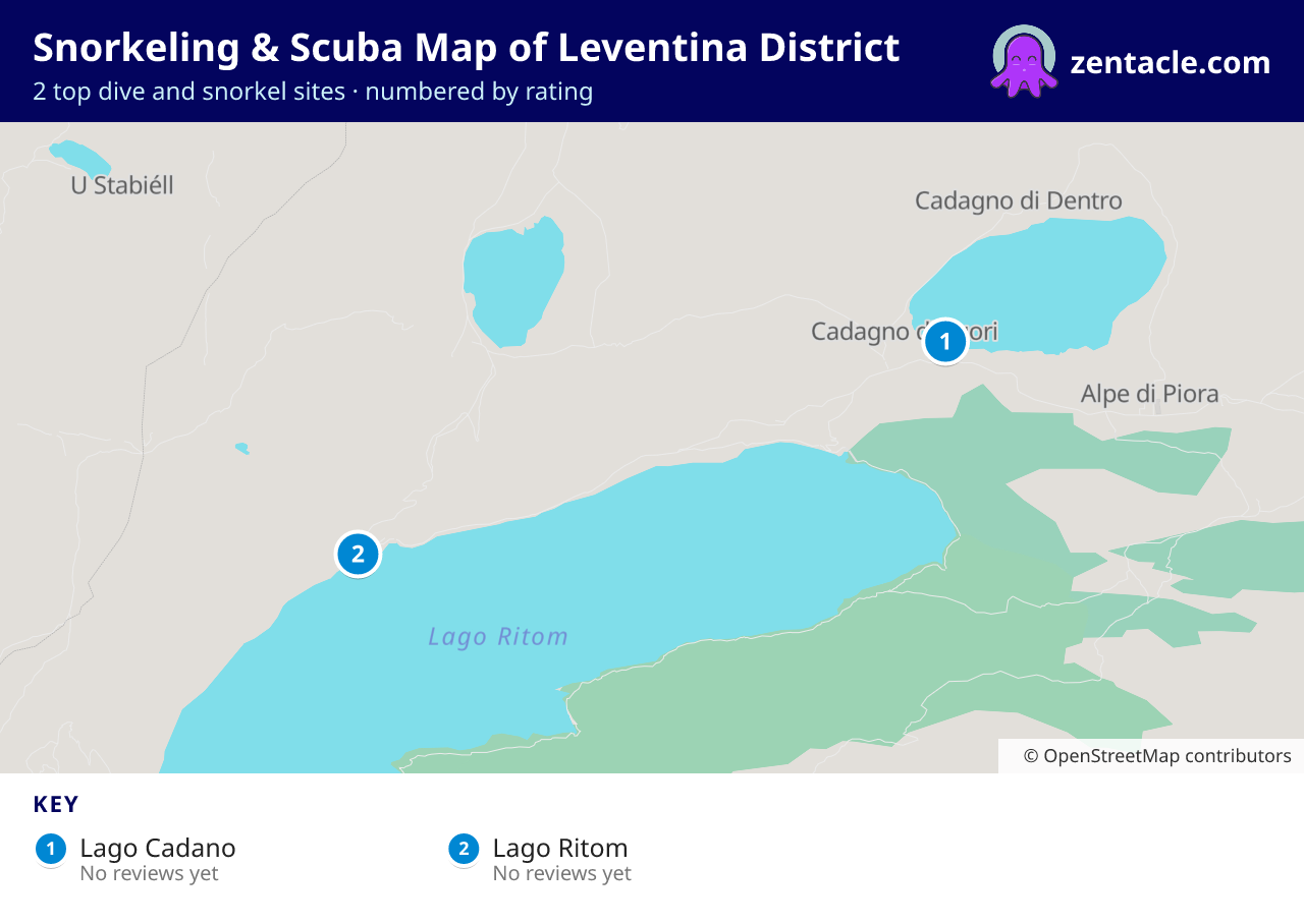Snorkeling & Scuba Map of Leventina District: numbered map of the top 2 dive and snorkel sites, with ratings