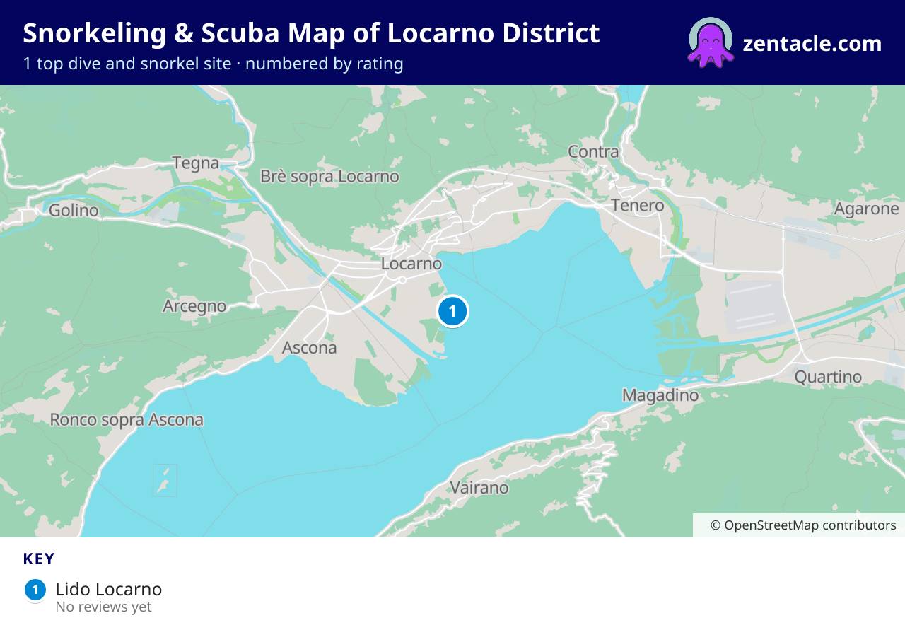 Snorkeling & Scuba Map of Locarno District: numbered map of the top 1 dive and snorkel sites, with ratings