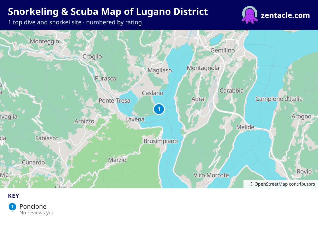 Snorkeling & Scuba Map of Lugano District: numbered map of the top 1 dive and snorkel sites, with ratings