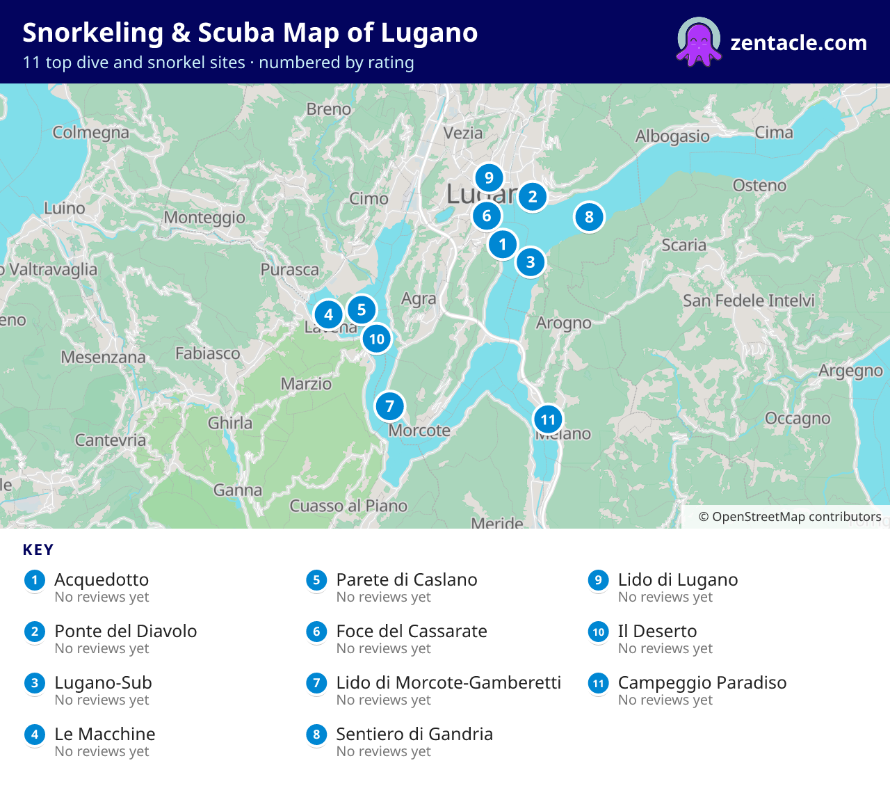 Snorkeling & Scuba Map of Lugano: numbered map of the top 11 dive and snorkel sites, with ratings