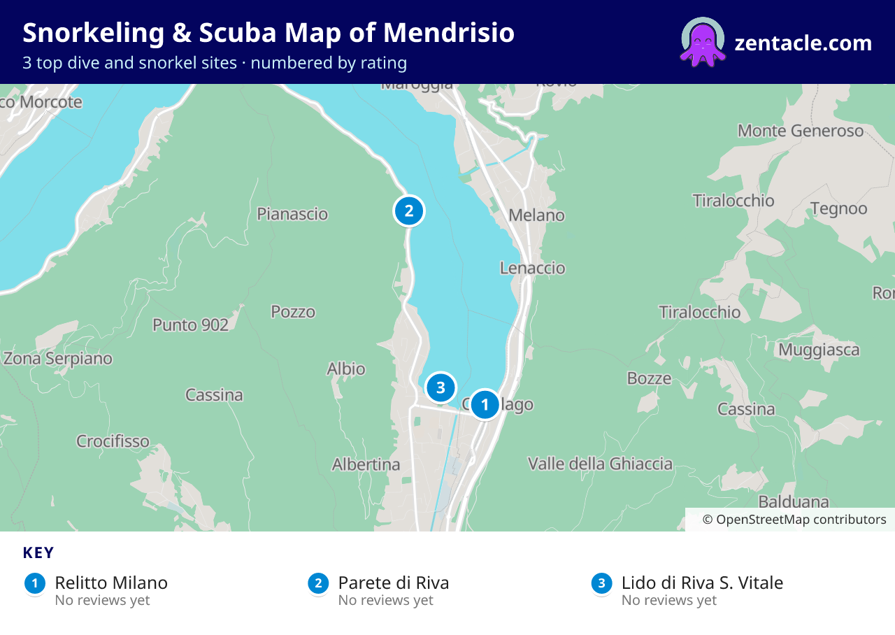 Snorkeling & Scuba Map of Mendrisio: numbered map of the top 3 dive and snorkel sites, with ratings