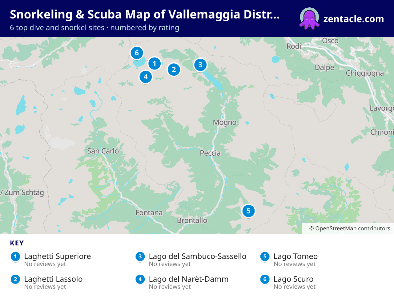 Snorkeling & Scuba Map of Vallemaggia District: numbered map of the top 6 dive and snorkel sites, with ratings