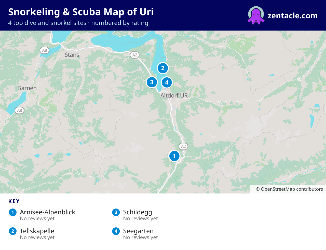 Snorkeling & Scuba Map of Uri: numbered map of the top 4 dive and snorkel sites, with ratings