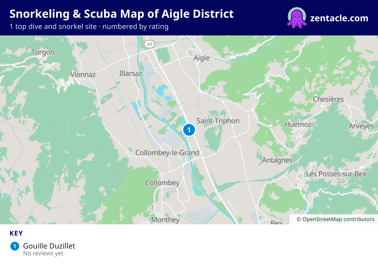 Snorkeling & Scuba Map of Aigle District: numbered map of the top 1 dive and snorkel sites, with ratings