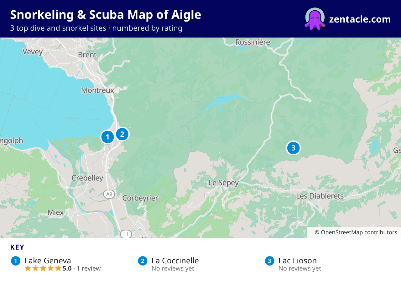 Snorkeling & Scuba Map of Aigle: numbered map of the top 3 dive and snorkel sites, with ratings
