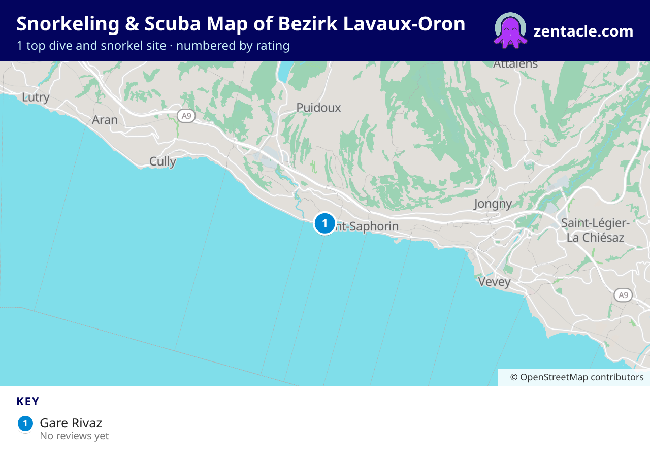 Snorkeling & Scuba Map of Bezirk Lavaux-Oron: numbered map of the top 1 dive and snorkel sites, with ratings