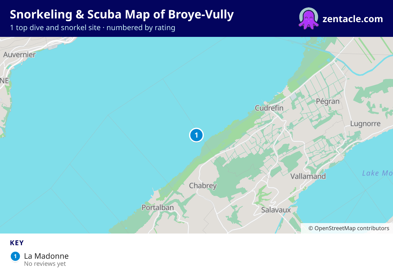 Snorkeling & Scuba Map of Broye-Vully: numbered map of the top 1 dive and snorkel sites, with ratings