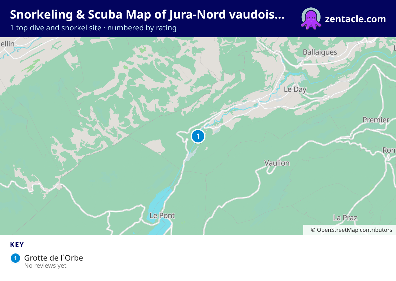 Snorkeling & Scuba Map of Jura-Nord vaudois District: numbered map of the top 1 dive and snorkel sites, with ratings