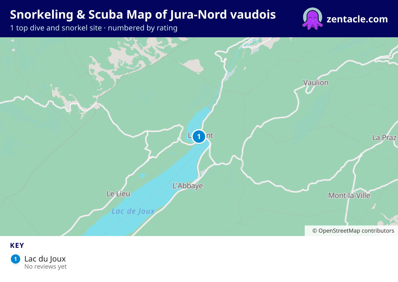 Snorkeling & Scuba Map of Jura-Nord vaudois: numbered map of the top 1 dive and snorkel sites, with ratings