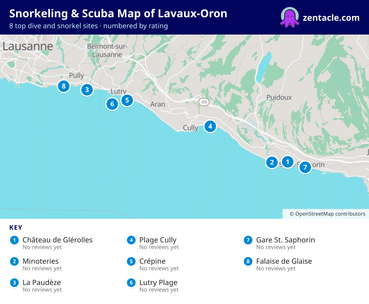 Snorkeling & Scuba Map of Lavaux-Oron: numbered map of the top 8 dive and snorkel sites, with ratings