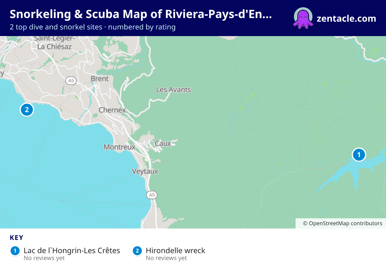 Snorkeling & Scuba Map of Riviera-Pays-d'Enhaut District: numbered map of the top 2 dive and snorkel sites, with ratings