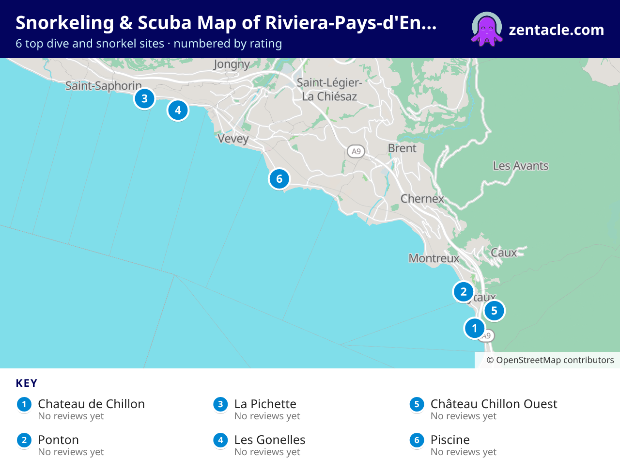 Snorkeling & Scuba Map of Riviera-Pays-d'Enhaut: numbered map of the top 6 dive and snorkel sites, with ratings