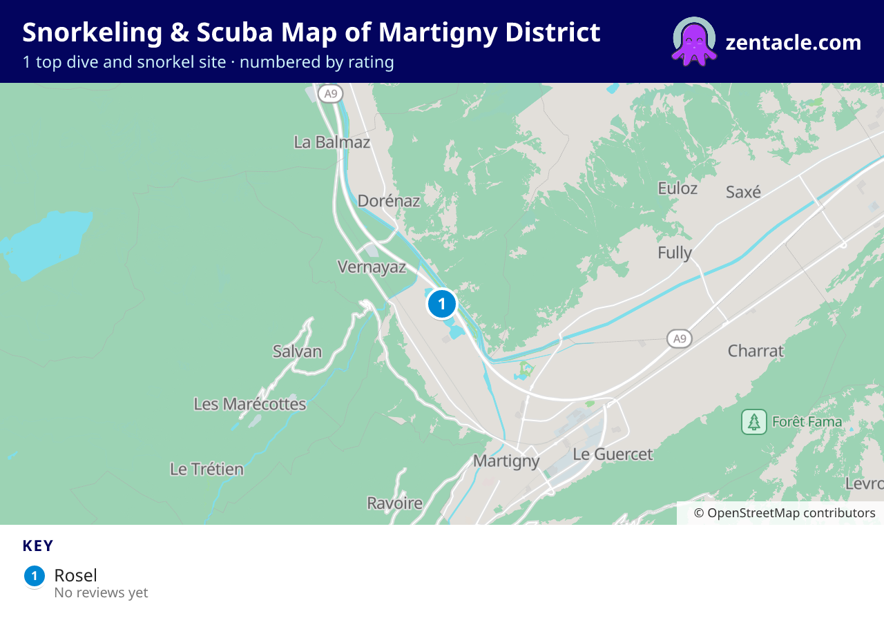 Snorkeling & Scuba Map of Martigny District: numbered map of the top 1 dive and snorkel sites, with ratings