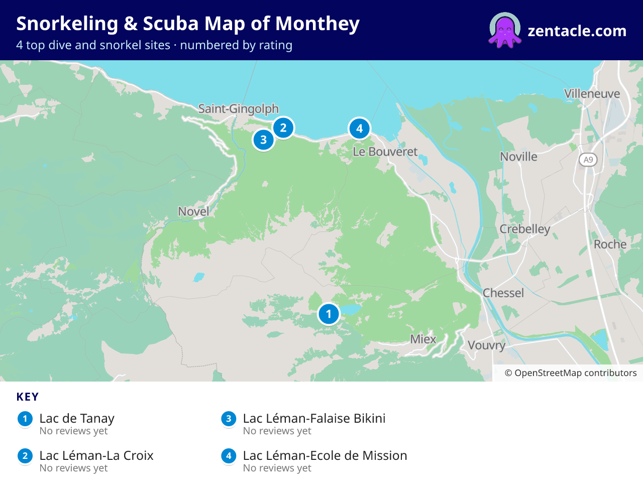 Snorkeling & Scuba Map of Monthey: numbered map of the top 4 dive and snorkel sites, with ratings