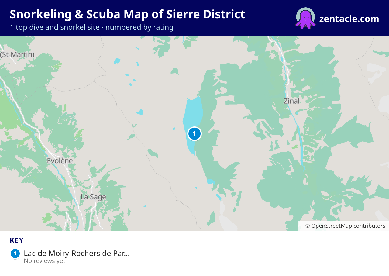 Snorkeling & Scuba Map of Sierre District: numbered map of the top 1 dive and snorkel sites, with ratings
