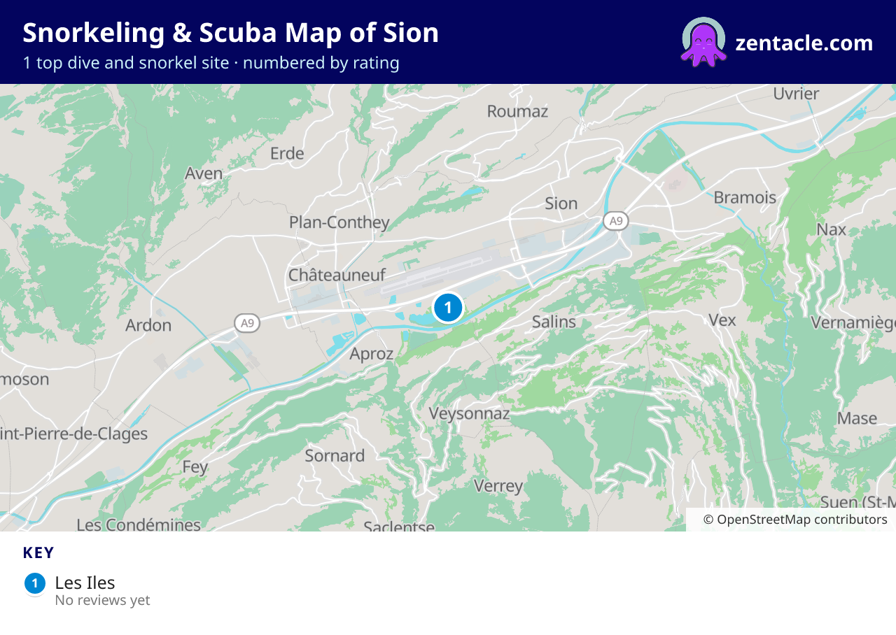 Snorkeling & Scuba Map of Sion: numbered map of the top 1 dive and snorkel sites, with ratings
