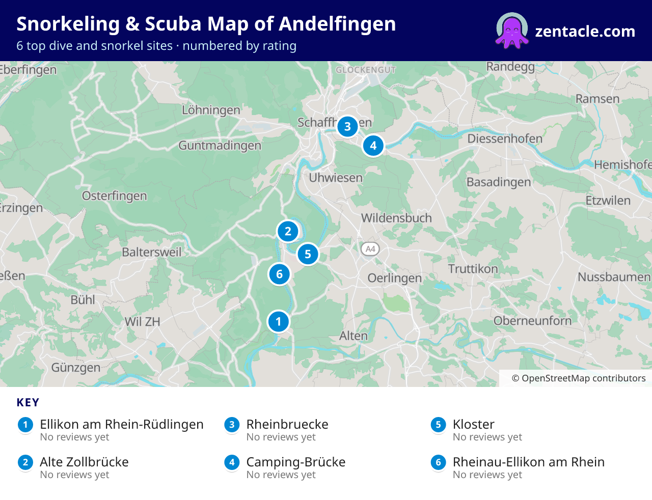 Snorkeling & Scuba Map of Andelfingen: numbered map of the top 6 dive and snorkel sites, with ratings