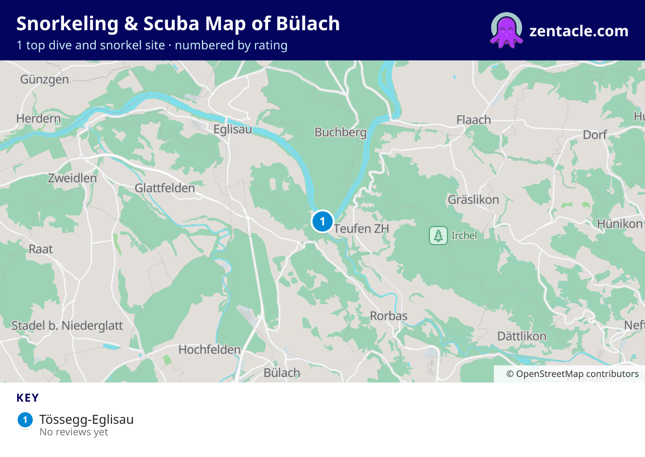 Snorkeling & Scuba Map of Bülach: numbered map of the top 1 dive and snorkel sites, with ratings