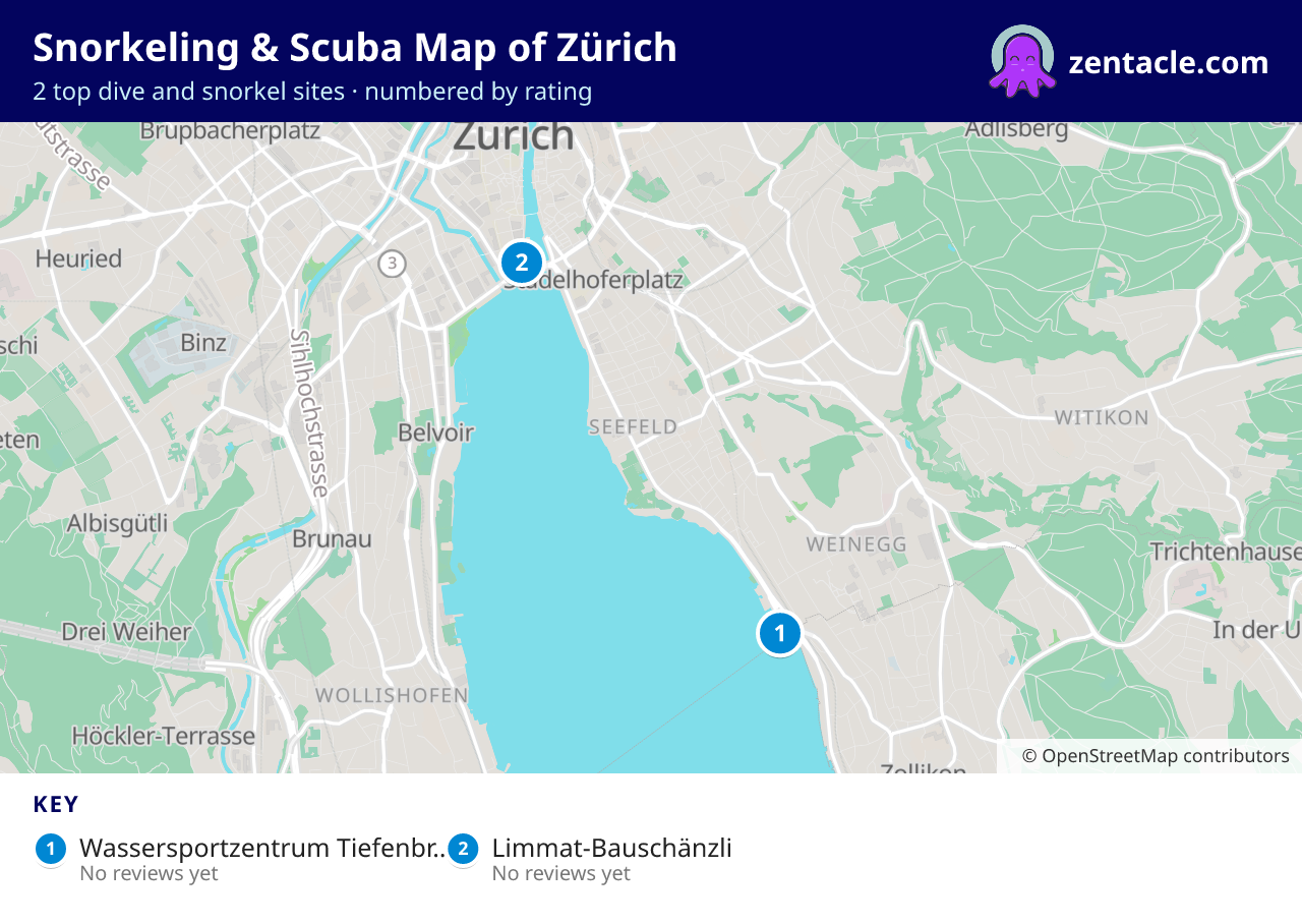 Snorkeling & Scuba Map of Zürich: numbered map of the top 2 dive and snorkel sites, with ratings