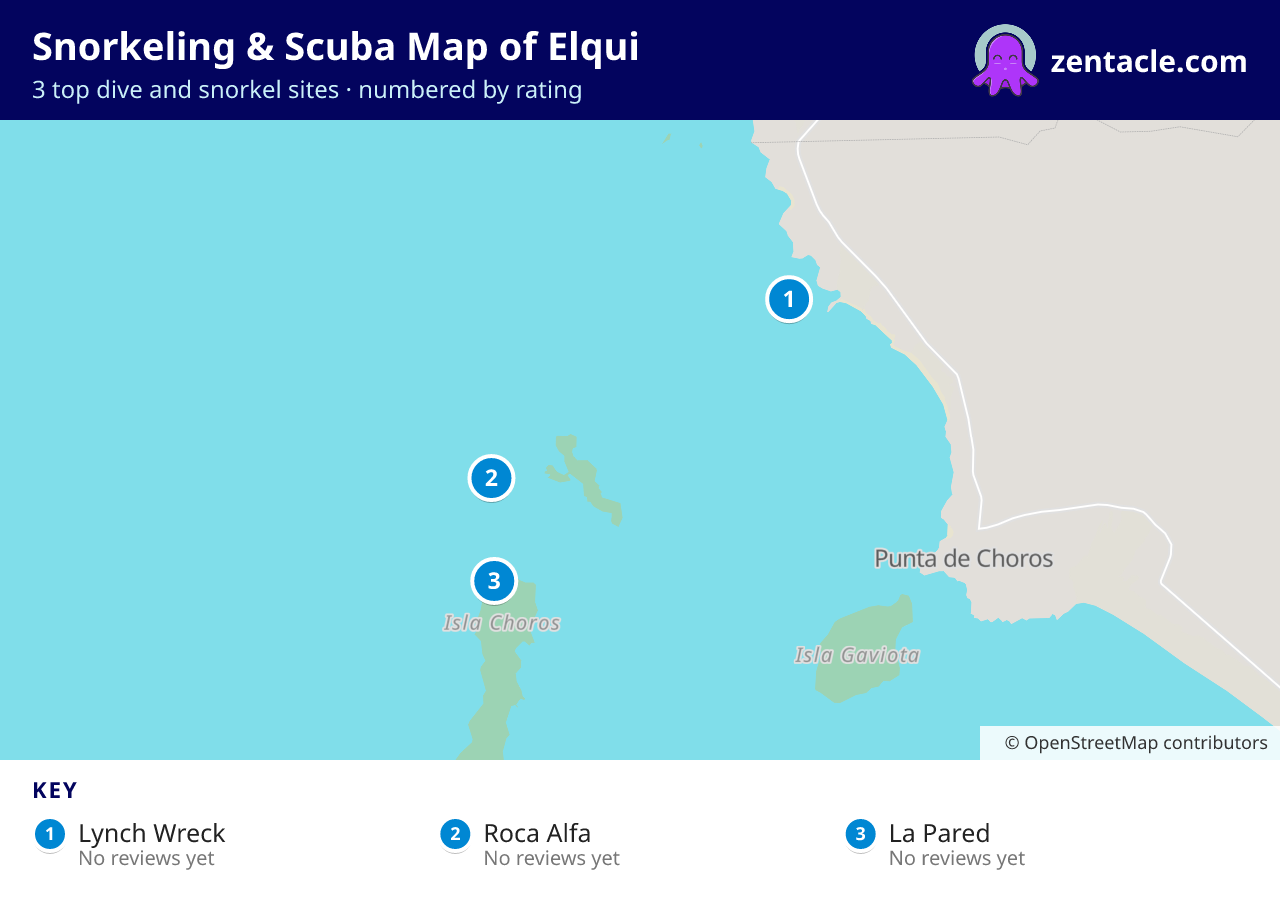 Snorkeling & Scuba Map of Elqui: numbered map of the top 3 dive and snorkel sites, with ratings
