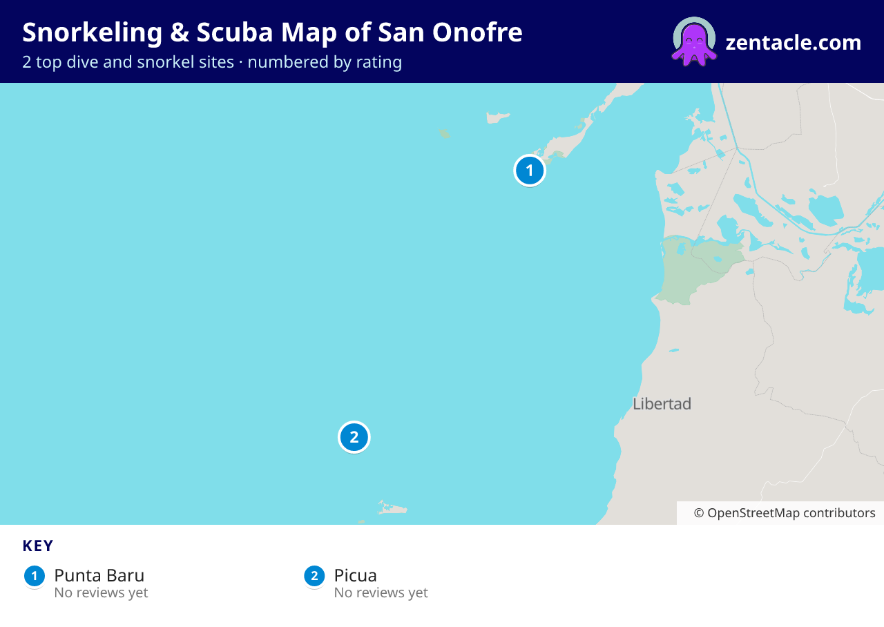 Snorkeling & Scuba Map of San Onofre: numbered map of the top 2 dive and snorkel sites, with ratings