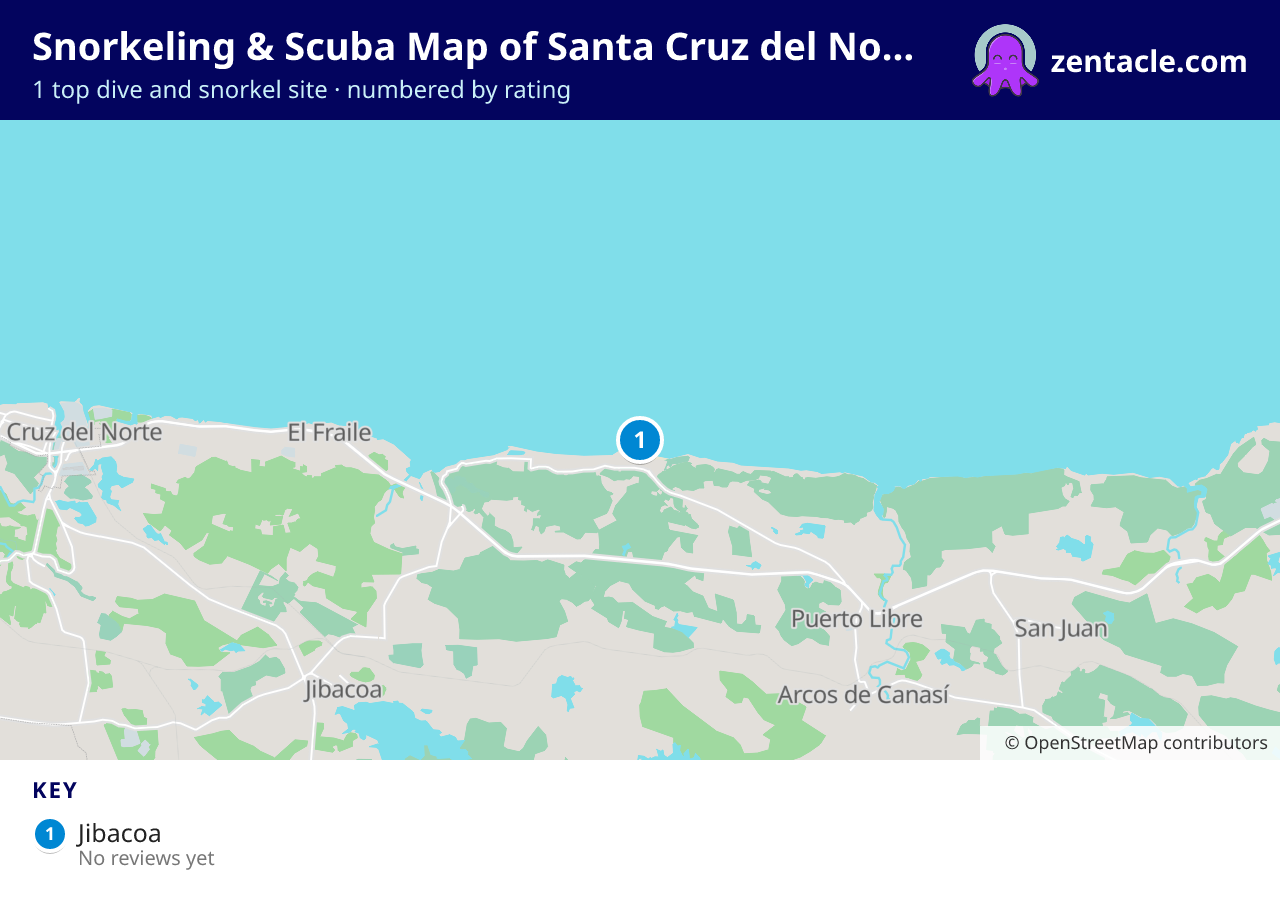Snorkeling & Scuba Map of Santa Cruz del Norte: numbered map of the top 1 dive and snorkel sites, with ratings