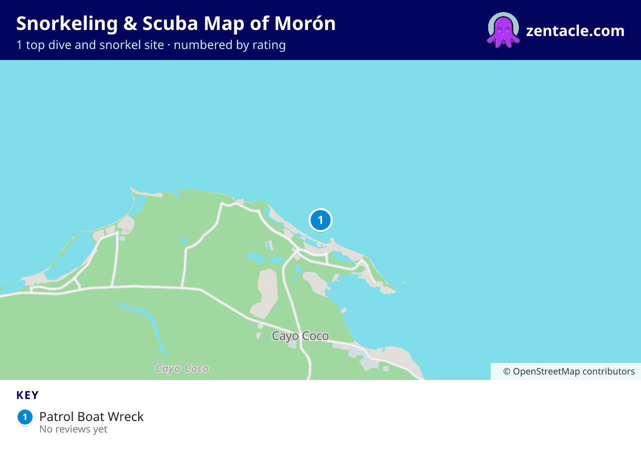 Snorkeling & Scuba Map of Morón: numbered map of the top 1 dive and snorkel sites, with ratings