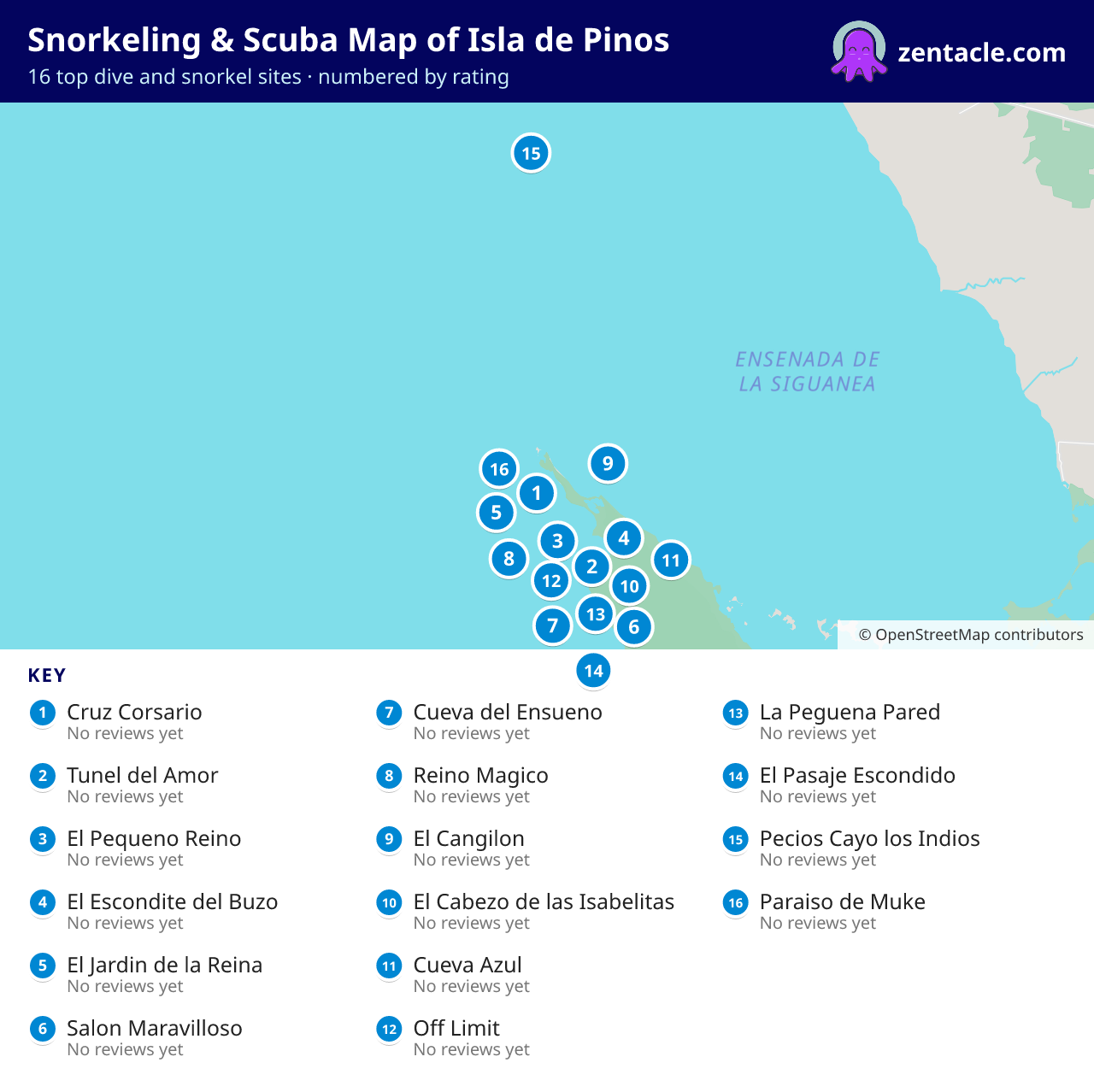 Snorkeling & Scuba Map of Isla de Pinos: numbered map of the top 16 dive and snorkel sites, with ratings