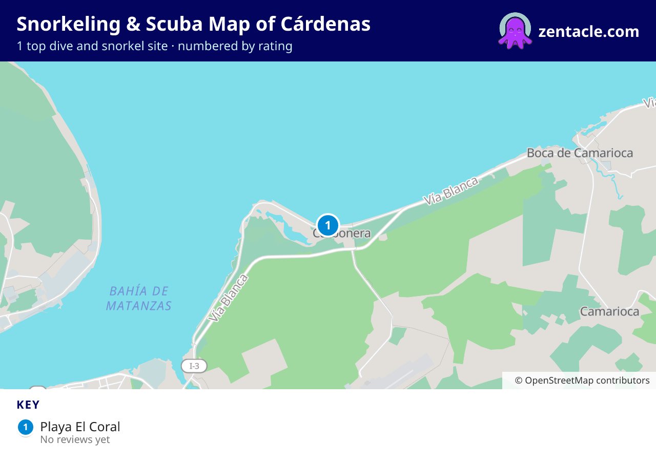 Snorkeling & Scuba Map of Cárdenas: numbered map of the top 1 dive and snorkel sites, with ratings