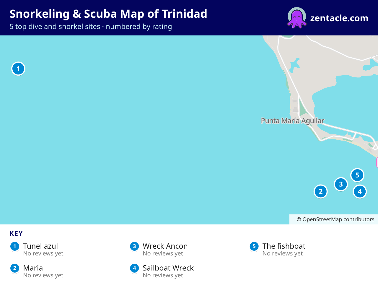 Snorkeling & Scuba Map of Trinidad: numbered map of the top 5 dive and snorkel sites, with ratings