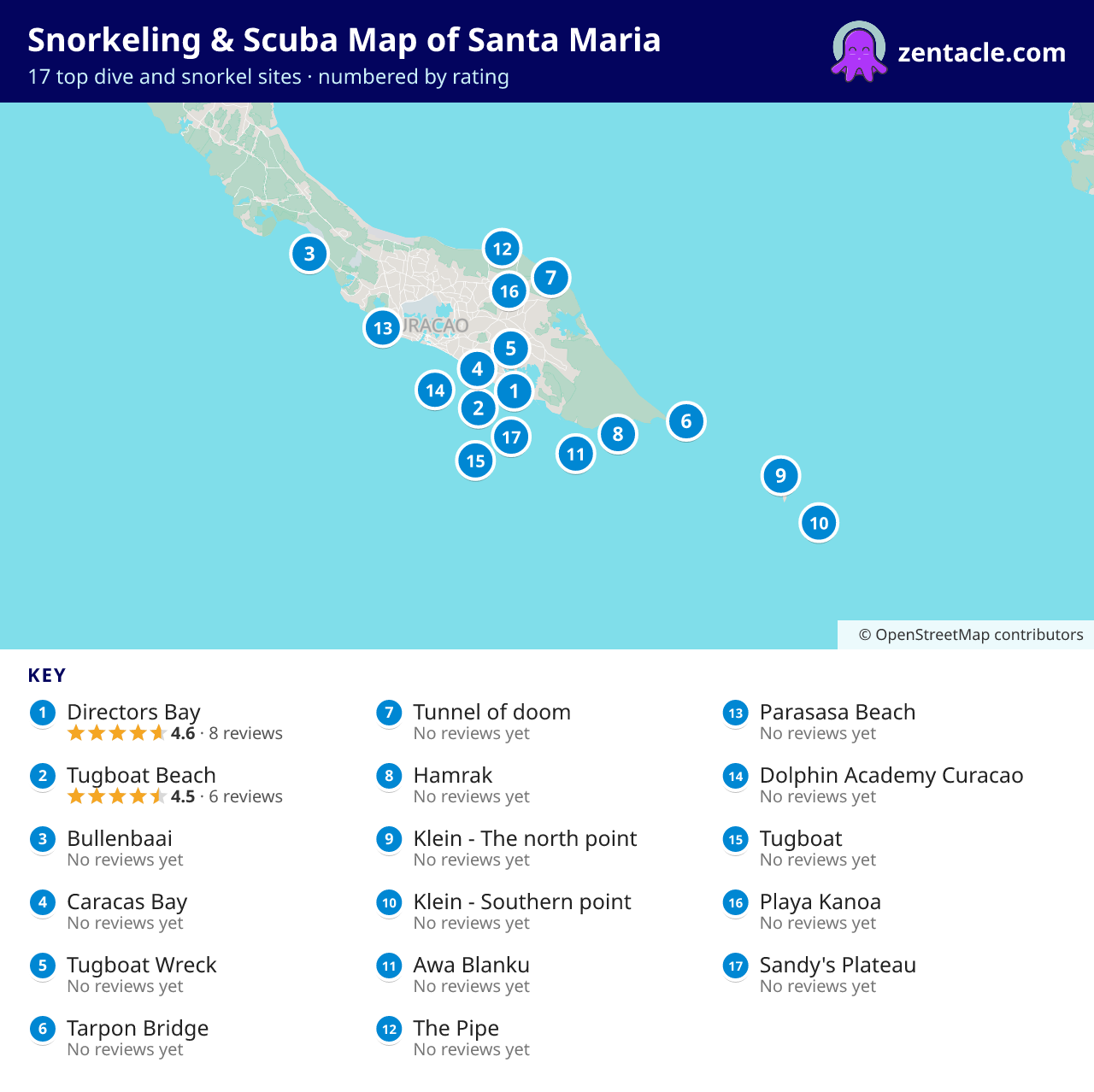 Snorkeling & Scuba Map of Santa Maria: numbered map of the top 17 dive and snorkel sites, with ratings