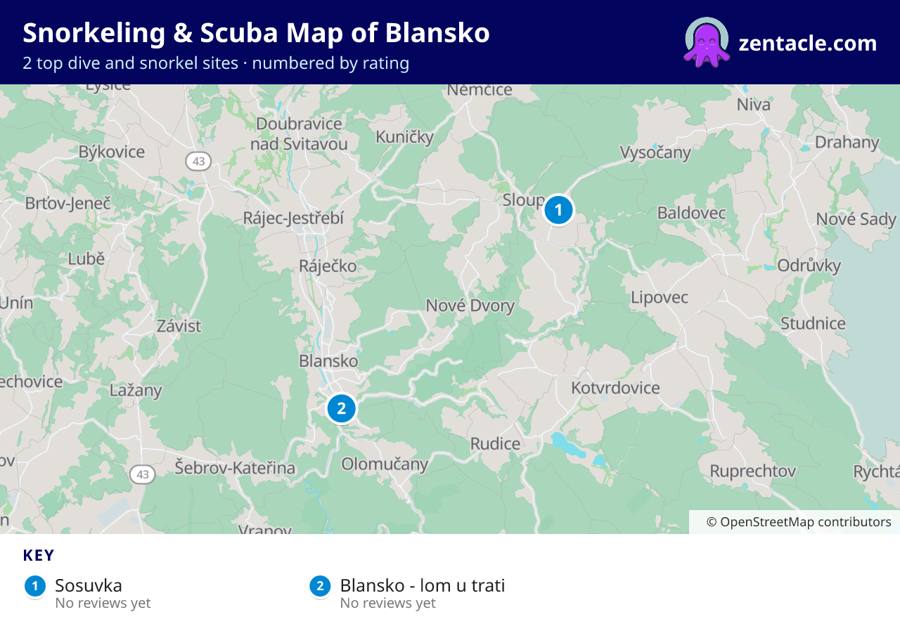 Snorkeling & Scuba Map of Blansko: numbered map of the top 2 dive and snorkel sites, with ratings