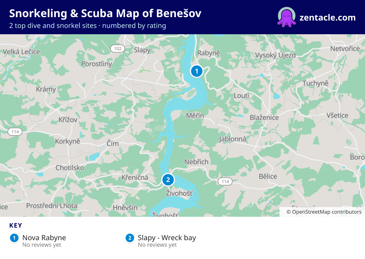 Snorkeling & Scuba Map of Benešov: numbered map of the top 2 dive and snorkel sites, with ratings