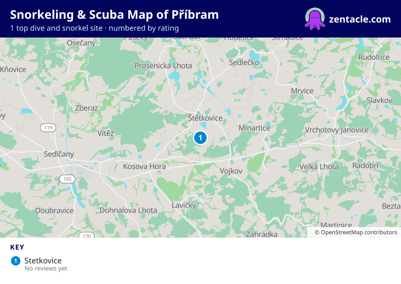 Snorkeling & Scuba Map of Příbram: numbered map of the top 1 dive and snorkel sites, with ratings
