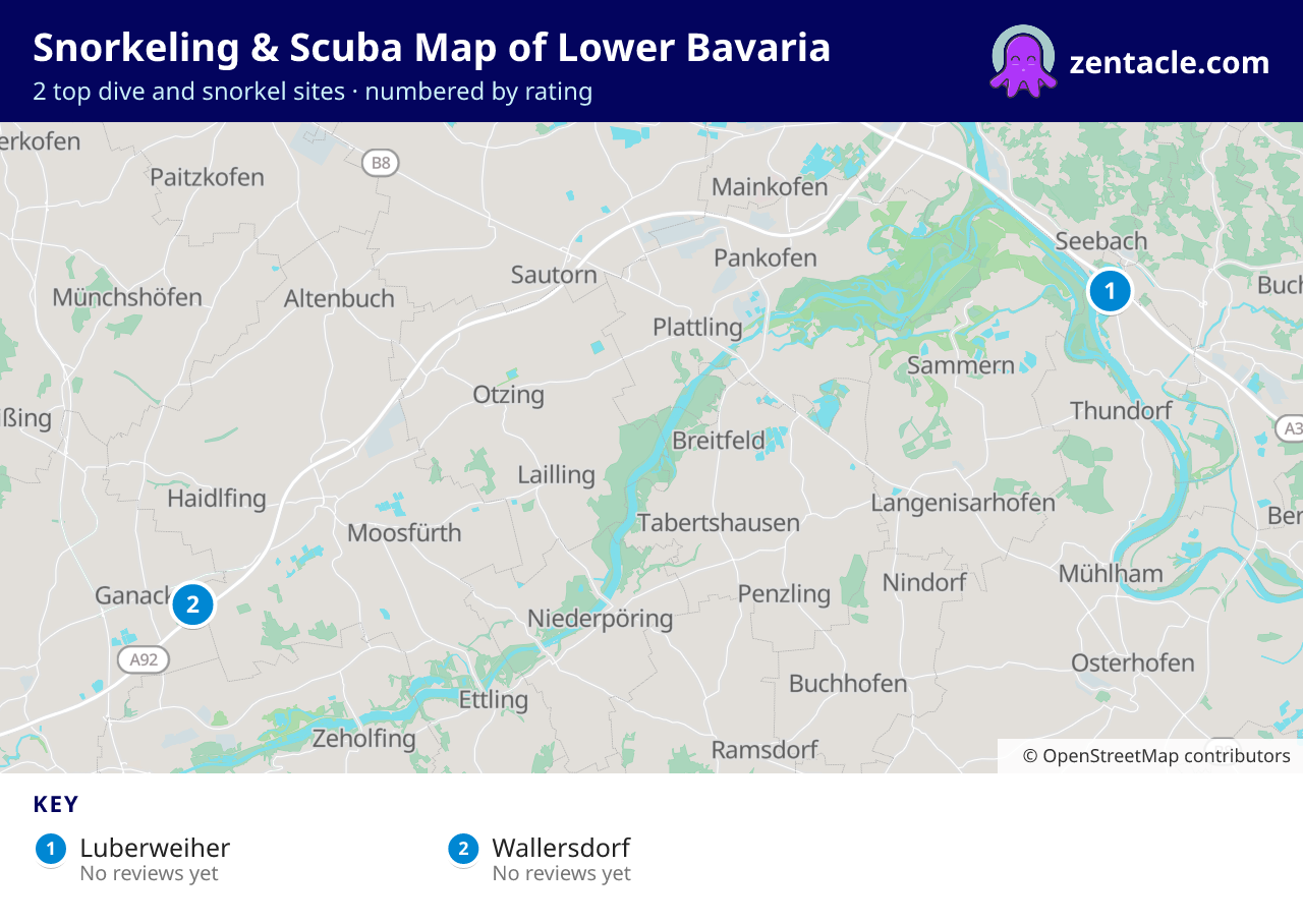 Snorkeling & Scuba Map of Lower Bavaria: numbered map of the top 2 dive and snorkel sites, with ratings