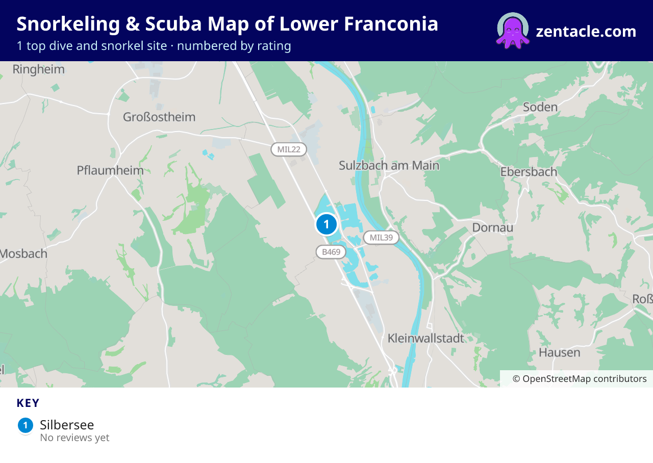Snorkeling & Scuba Map of Lower Franconia: numbered map of the top 1 dive and snorkel sites, with ratings