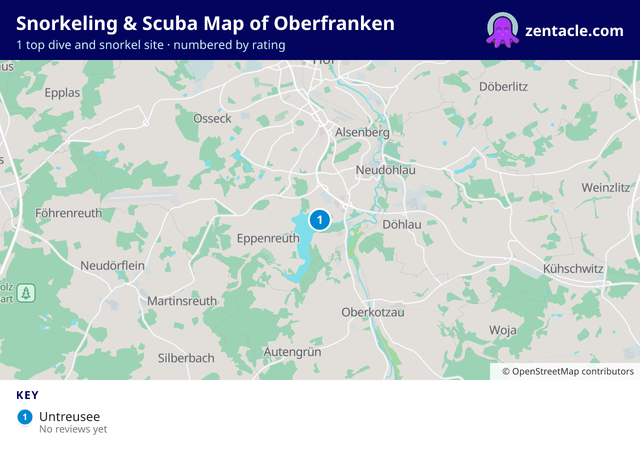 Snorkeling & Scuba Map of Oberfranken: numbered map of the top 1 dive and snorkel sites, with ratings