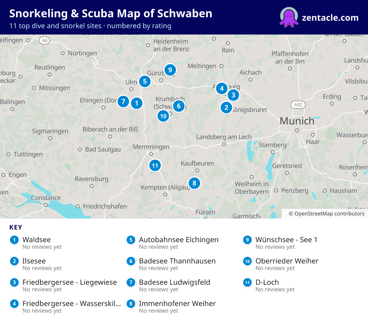 Snorkeling & Scuba Map of Schwaben: numbered map of the top 11 dive and snorkel sites, with ratings