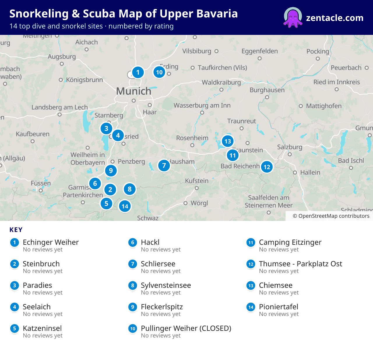 Snorkeling & Scuba Map of Upper Bavaria: numbered map of the top 14 dive and snorkel sites, with ratings