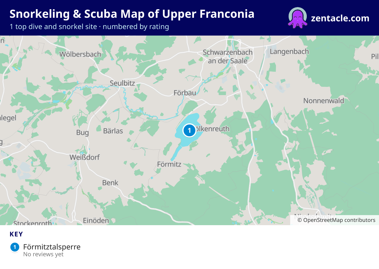 Snorkeling & Scuba Map of Upper Franconia: numbered map of the top 1 dive and snorkel sites, with ratings