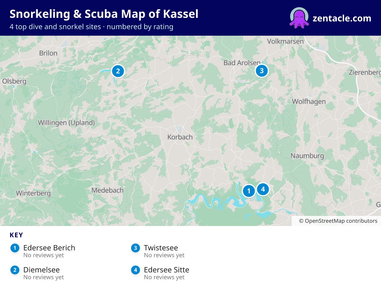 Snorkeling & Scuba Map of Kassel: numbered map of the top 4 dive and snorkel sites, with ratings