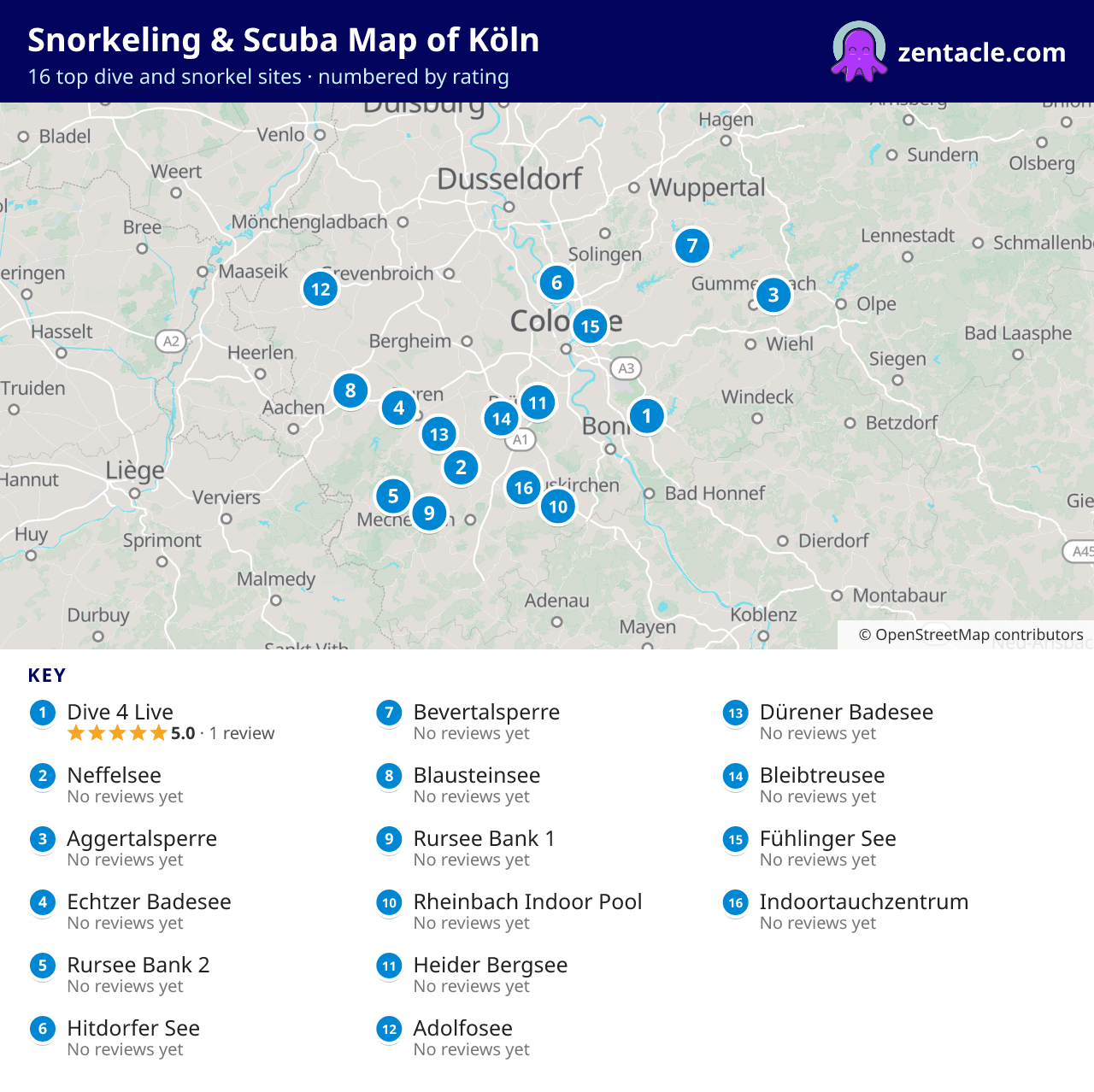 Snorkeling & Scuba Map of Köln: numbered map of the top 16 dive and snorkel sites, with ratings