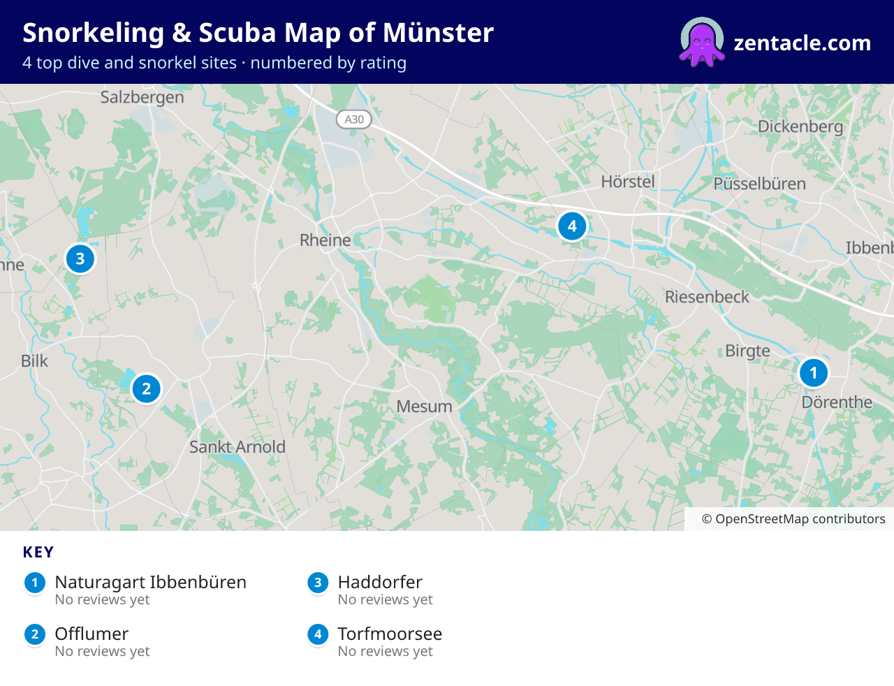 Snorkeling & Scuba Map of Münster: numbered map of the top 4 dive and snorkel sites, with ratings
